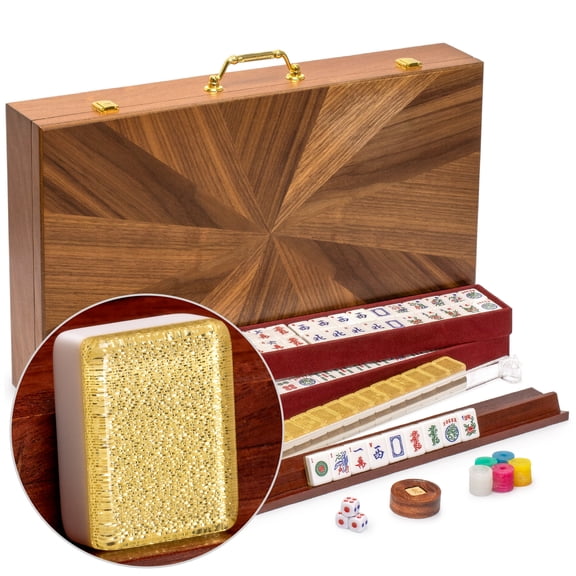 American Mahjong Set, "Golden Fortune" with Inlaid Wooden Case, Racks, Pushers