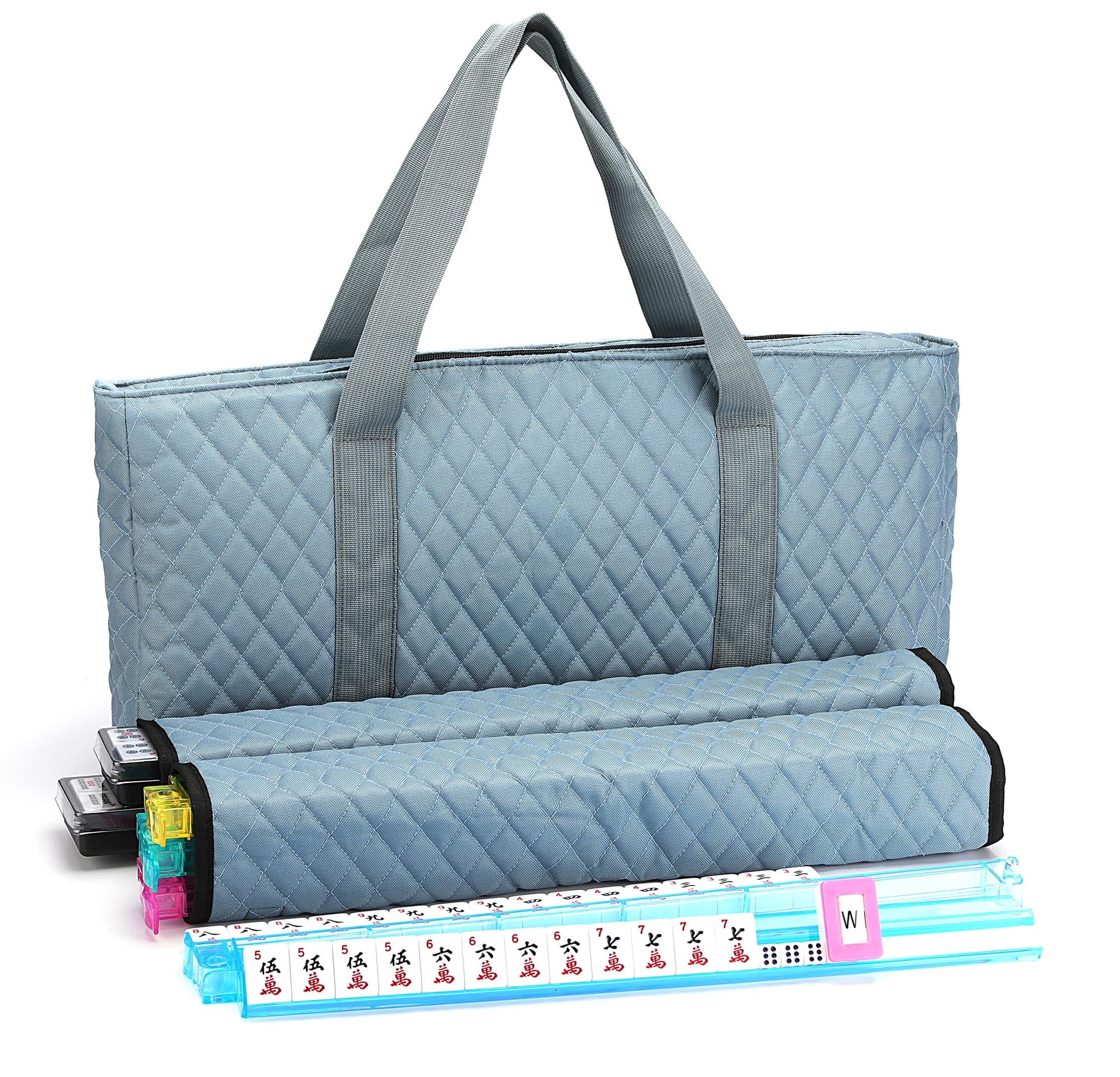 American Mahjong Set - Gray (Pigeon Blue) Quilted Soft Bag - 166 White Engraved Tiles, 4 All-in-One Rack/Pushers Western Mah Jongg Game Set