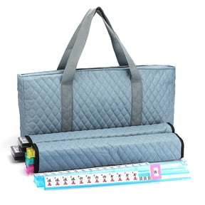 American Mahjong Set - Gray (Pigeon Blue) Quilted Soft Bag - 166 White Engraved Tiles, 4 All-in-One Rack/Pushers Western Mah Jongg Game Set