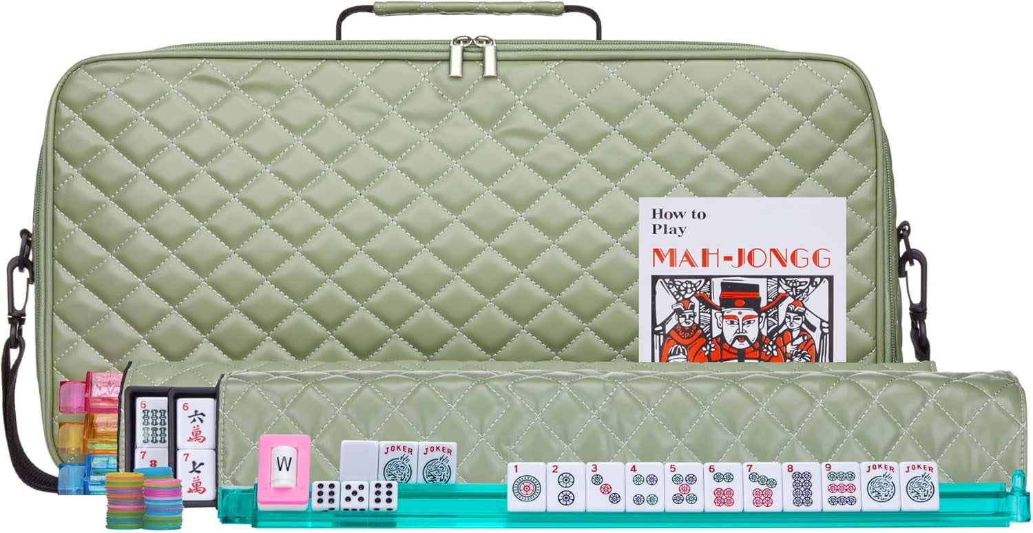 American Mahjong Set “Green - Quilted PU Leather Carrying Bag with Shoulder Strap & Handles, All-in-One Tile Racks with Pushers, 166 Engraved Tiles, Dice, Bettor, Extra Tiles & Instructions