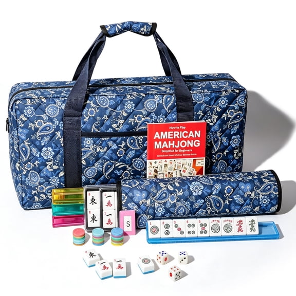 American Mahjong Set, Mahjong Game Set, 166 White Tiles, 4 All-in-One Rack/Pushers, Mahjong Tiles Set with Blue Carrying Bag