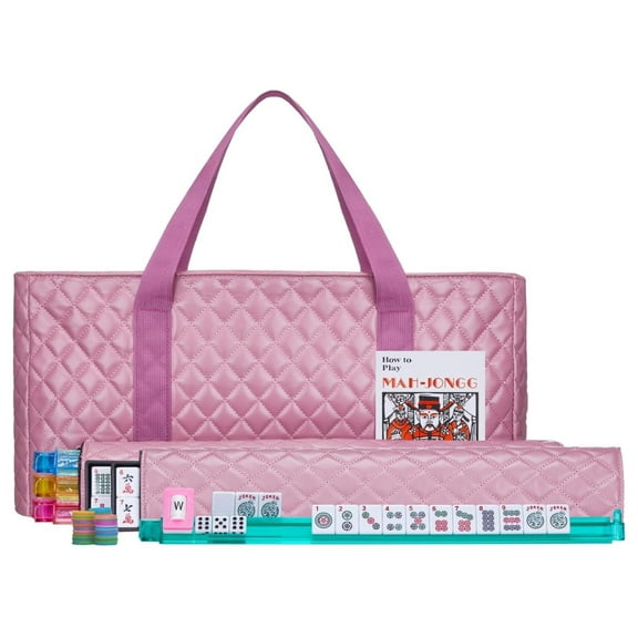 American Mahjong Set,Mahjong Tiles Set, Pink PU Carrying Bag,166 Premium Tiles,4 All-in-One Rack/Pushers,Western Mahjong with English Manual(Ma Jong,Mah-Jongg, Majiang)