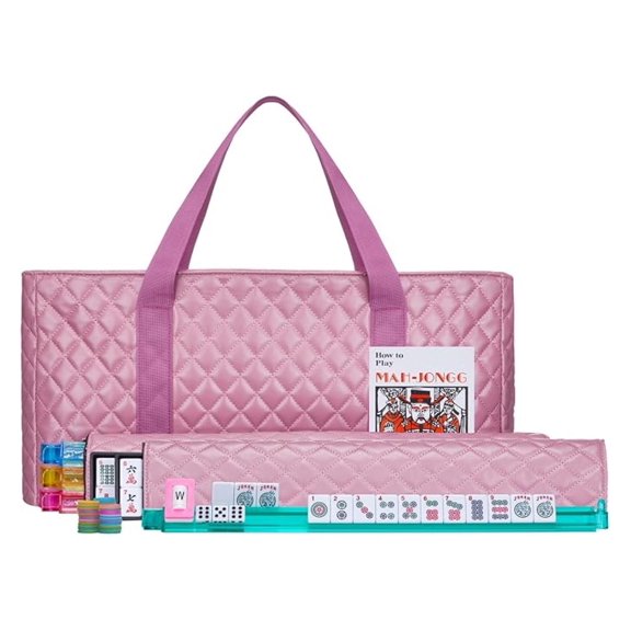 American Mahjong Set,Mahjong Tiles Set, Pink PU Carrying Bag,166 Premium Tiles,4 All-in-One Rack/Pushers,Western Mahjong with English Manual(Ma Jong,Mah-Jongg, Majiang)