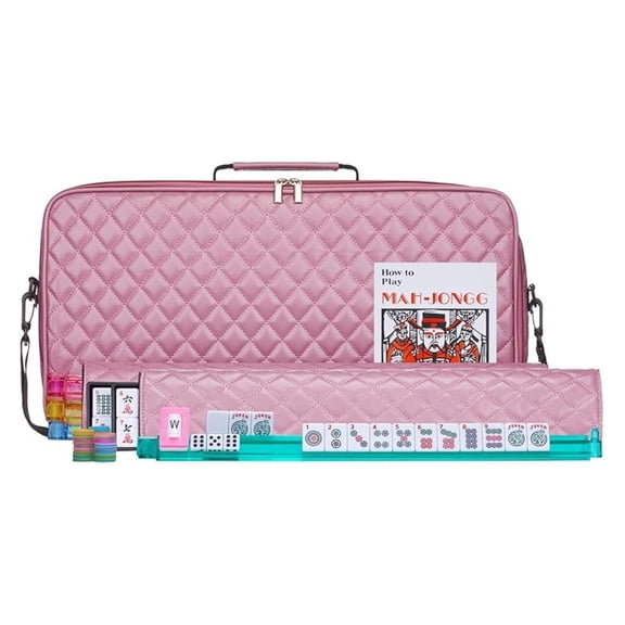 American Mahjong Set " Pink" - Quilted PU Leather Carrying Bag with Shoulder Strap & Handles, All-in-One Tile Racks with Pushers, 166 Engraved Tiles, Dice, Bettor, Extra Tiles &