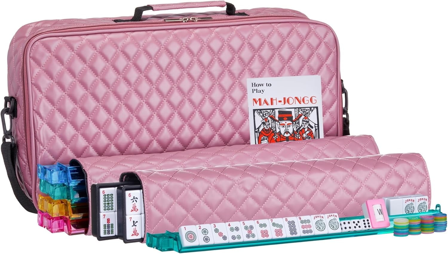 American Mahjong Set Purple Pink - Quilted PU Leather Carrying Bag with Shoulder Strap & Handles, All-in-One Tile Racks with Pushers, 166 Engraved Tiles, Dice, Bettor, Extra Tiles & Instructions