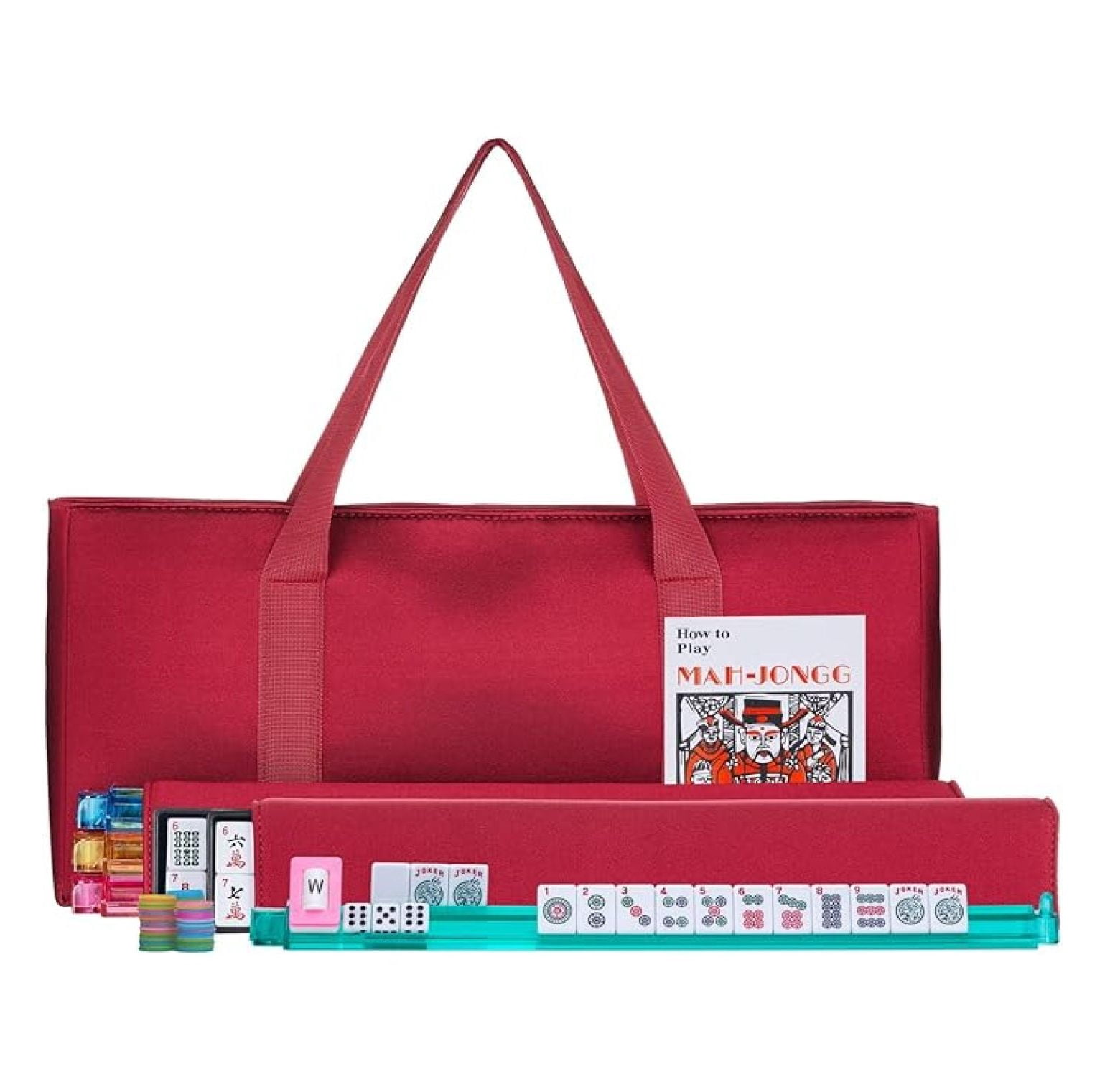 American Mahjong Set - Red Burgundy Soft Bag - 166 White Engraved Tiles, 4 All-in-One Rack/Pushers Western Mah Jongg Game Set