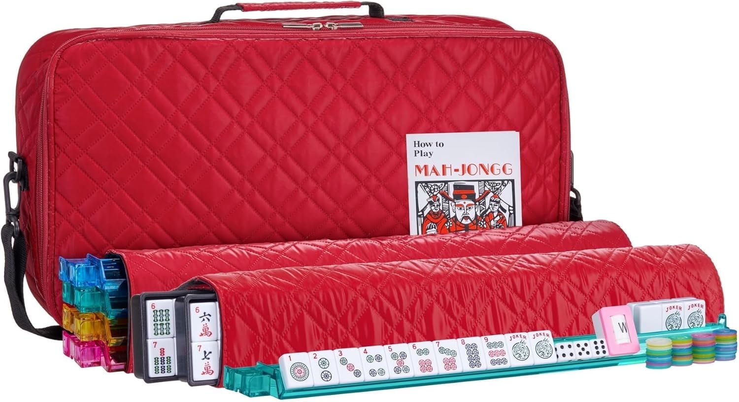 American Mahjong Set “Red - Quilted PU Leather Carrying Bag with Shoulder Strap & Handles, All-in-One Tile Racks with Pushers, 166 Engraved Tiles, Dice, Bettor, Extra Tiles & Instructions