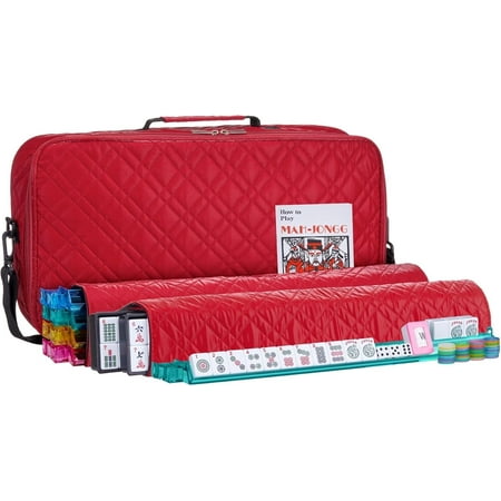 American Mahjong Set “Red - Quilted PU Leather Carrying Bag with Shoulder Strap & Handles, All-in-One Tile Racks with Pushers, 166 Engraved Tiles, Dice, Bettor, Extra Tiles & Instructions