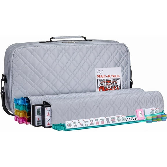 American Mahjong Set Silver - Quilted PU Leather Carrying Bag with Shoulder Strap & Handles, All-in-One Tile Racks with Pushers, 166 Engraved Tiles, Dice, Bettor, Extra Tiles & Instructions