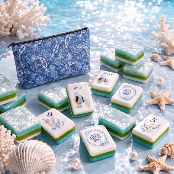 American Mahjong Set with 160 Acrylic Tiles, Ocean Shell Theme, Travel Game Set with Carrying Bag