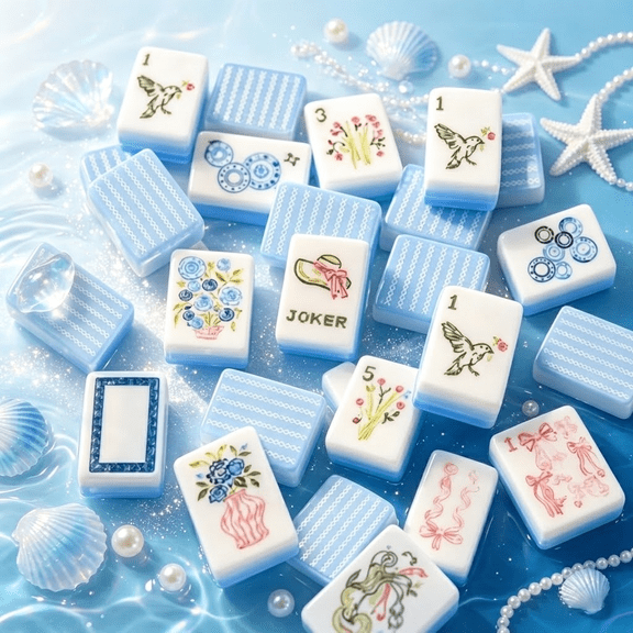 American Mahjong Tile Set 160 Acrylic Engraved 3-Layer Blue Floral Tiles Hand Engraved Blue Floral Coastal Tile Game Set for Adults Family Gathering Gift