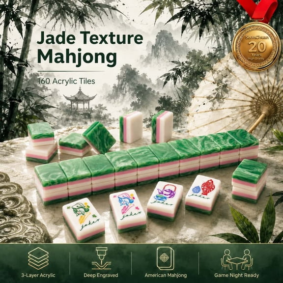 American Mahjong Tile Set, 160 Engraved 3-Layer Acrylic Green Jade-Texture Tiles, 1.42-Inch Mah Jongg Set with Arabic Numbers for Game Night & Travel