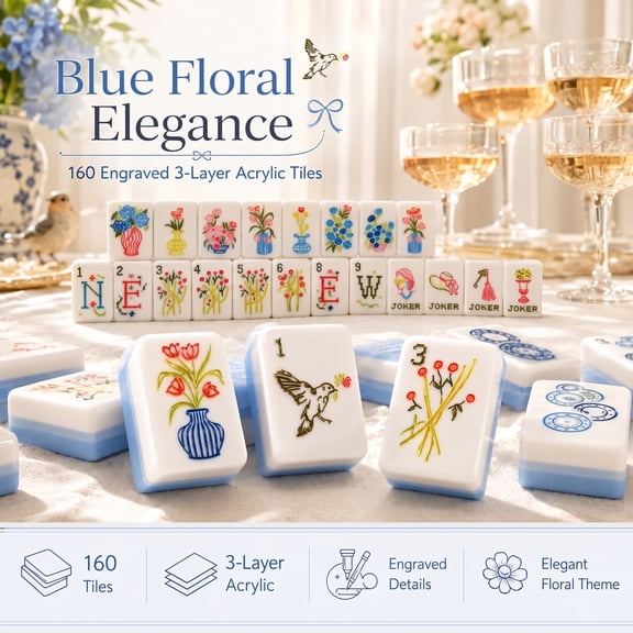 American Mahjong Tile Set, 160 Engraved 3-Layer Blue Floral Tiles With portable storage bag