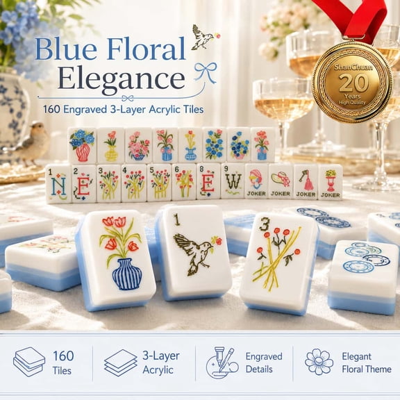 American Mahjong Tile Set, 160 Engraved 3-Layer Blue Floral Tiles with Bag
