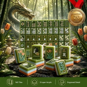 American Mahjong Tile Set, 160 Engraved 3-Layer Green Acrylic Tiles with Bag