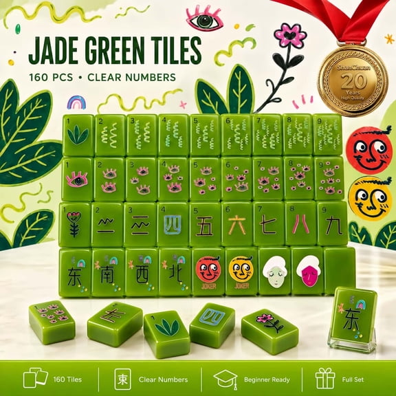 American Mahjong Tile Set, 160-Piece Single-Layer Acrylic Mahjong Tiles in Jade Green with Clear Numbers, Carrying Bag, 100 Chips, 3 Dice and Wind Indicator for Game Night and Beginners