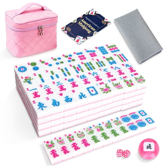 American Mahjong Tile Set, 166 Mahjong Tiles 1.2" with Mat Storage Bag 2 Dices Mah Jongg Game Sets for Adults Beginners Travel Mini Majong Kit Pink