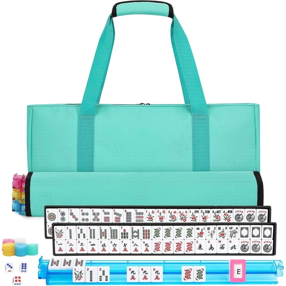 American Mahjong Tile Set,166 White Tiles Mahjong Set,4 Colors Mahjong Racks,Travel Mahjong Set with Green Carrying Bag