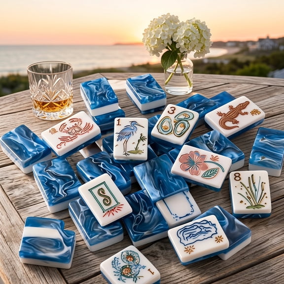 American Mahjong Tile Set, Blue Marbled Dual-Layer Acrylic Tiles with Sea Creature Design