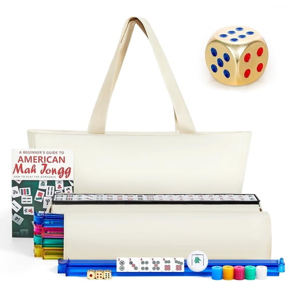 American Mahjong Tile Set, Mah Jong Set Complete with White Bag, 166 White Tiles with Golden Dices for Travel, 4 All-in-One Mahjong Racks with Pushers