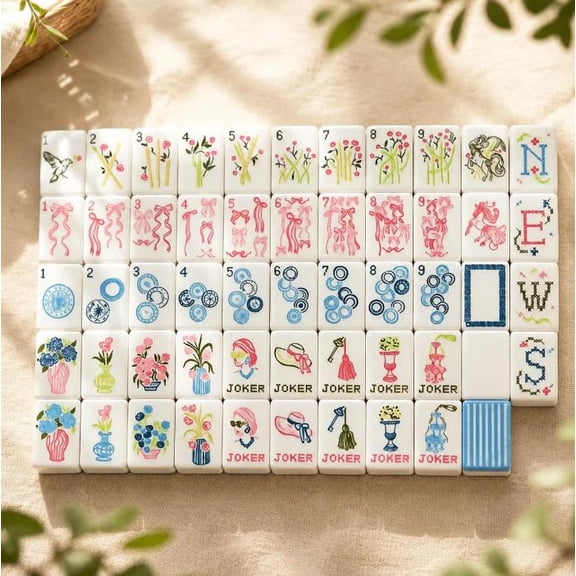 American Mahjong Tiles,Blue & White Floral American Mahjong Set, 160 Acrylic Tiles, Travel Game Set with Bag,3 Layer Mahjong Tiles Set