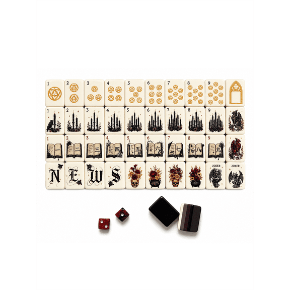 American Mahjong Tiles, Gothic Hour Theme, with Black Jelly Crossbody Pouch