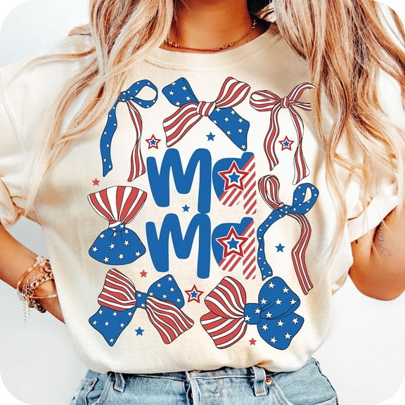American Mama Coquette T-Shirt – Patriotic 4th of July Shirt for Moms with USA Flag and Girly Bow Aesthetic