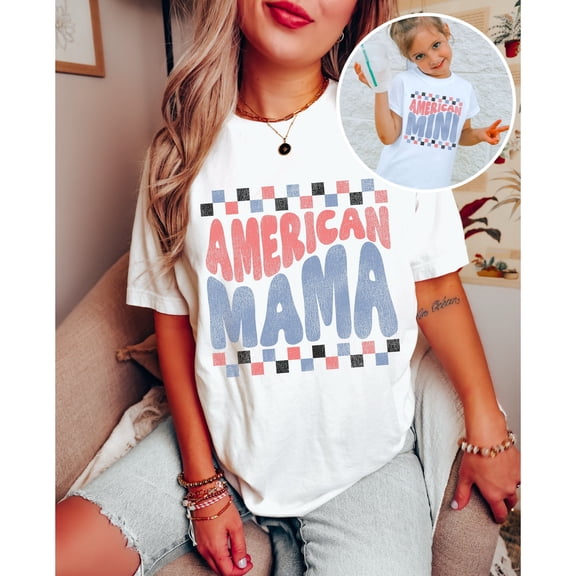 American Mama and Mini Matching Tees, Mommy and Me, Checkered 4th of july shirt, fourth of