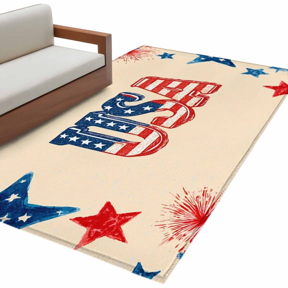 American Map Area Rug 4x6 Washable Rug Non Slip Patriotic Freedom US Independence Tan Large Area Rug Indoor Floor Carpet for Entryway Bedroom Kitchen Living Room Home Office Dining Room Nursery