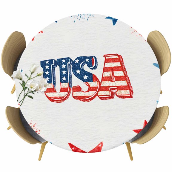 American Map Round Tablecloth 36-44 Inch Round Fitted Table Cloth with Elastic Edge, Patriotic 250 Freedom Independence Day Waterproof Table Cover Protector for Outdoor Picnic Party Dining