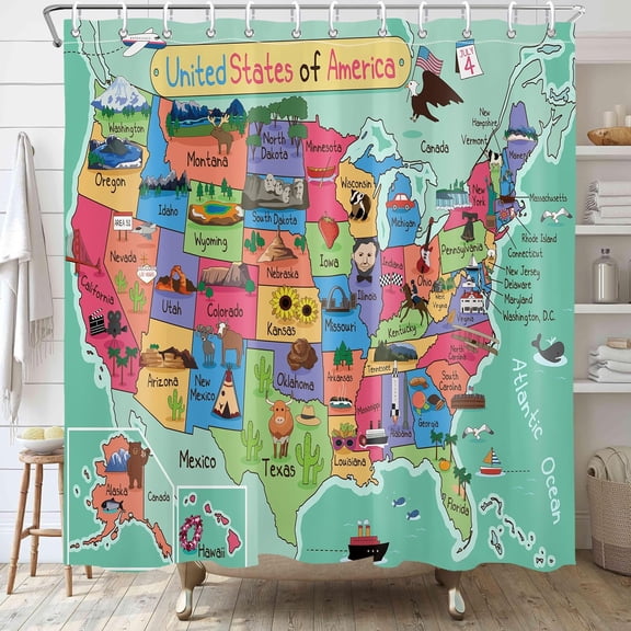 American Map Shower Curtain Fun Kids Bathroom Shower Curtain Set World Map for Kids Shower Curtains Cloth Fabric Shower Curtain