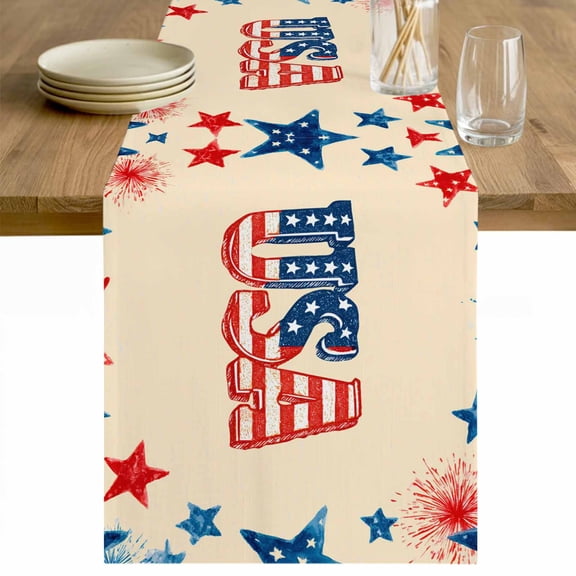American Map Table Runner - 48 Inch Long Patriotic Freedom US Independence Tan Cotton and Linen Blended Dress Scarves Farmhouse Table Runner for Kitchen Dining, Coffee Table, 13" x 48"