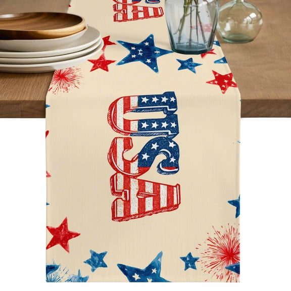 American Map Table Runner, Patriotic 250 Freedom US Independence Tan Washable Cotton Linen Table Runners 36 Inches Long, Dresser Scarf Runner for Nightstand/End Tables/Round Tables 13''x36''