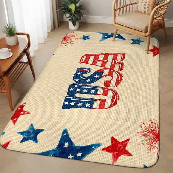 American Map Washable Area Rugs for Living Room Bedroom, Large Non Slip Indoor Floor Carpet Absorbent Low Pile Patriotic Freedom US Independence Tan Door Mat Rugs for Bathroom Entryway 63"x90.6"