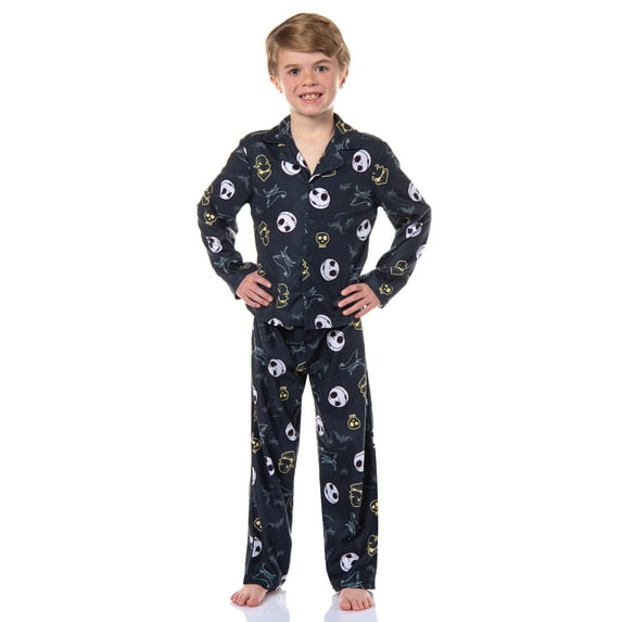Disney Nightmare Before Christmas Boys' Jack and Oogie Boogie Woven Button-Up Coat and Pants 2-Piece Pajama Set