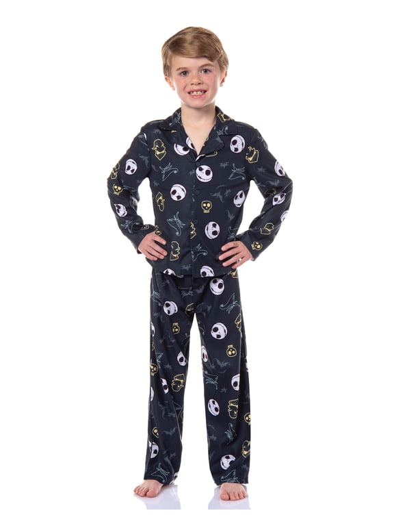 Disney Nightmare Before Christmas Boys' Jack and Oogie Boogie Woven Button-Up Coat and Pants 2-Piece Pajama Set