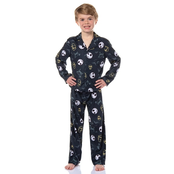 Disney Nightmare Before Christmas Boys' Jack and Oogie Boogie Woven Button-Up Coat and Pants 2-Piece Pajama Set