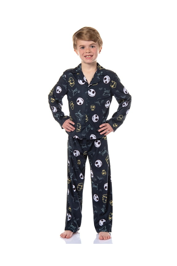 Disney Nightmare Before Christmas Boys' Jack and Oogie Boogie Woven Button-Up Coat and Pants 2-Piece Pajama Set
