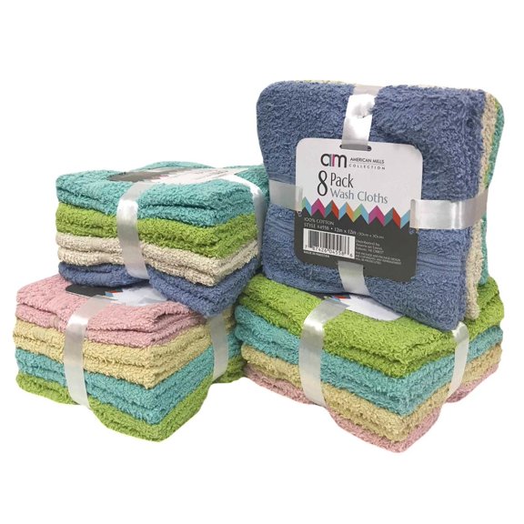 American Mills 100% Cotton Wash Cloths: Assorted-8, Qty-4