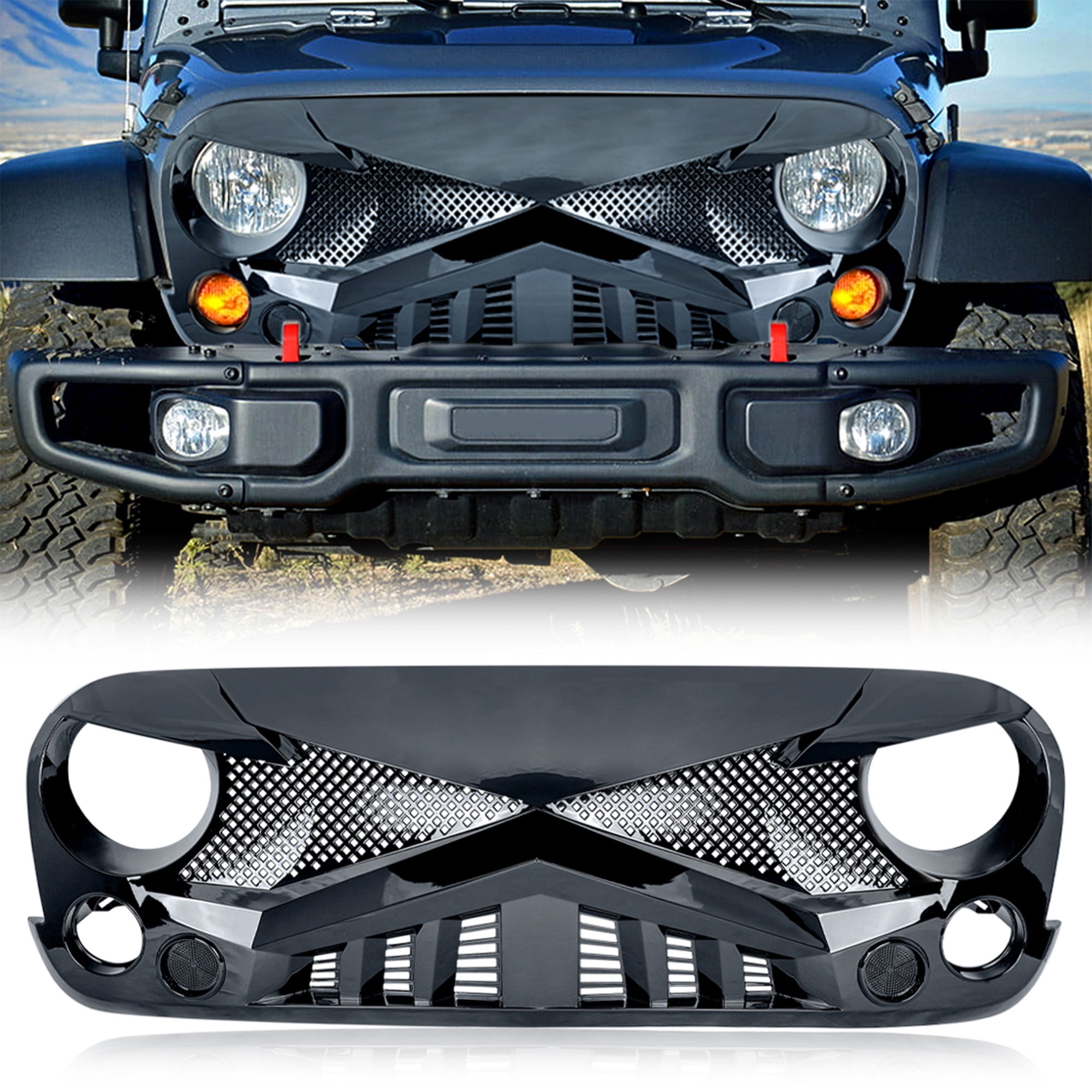 American Modified Hawke Grille for 2007-2018 Jeep Wrangler, Glossy Black