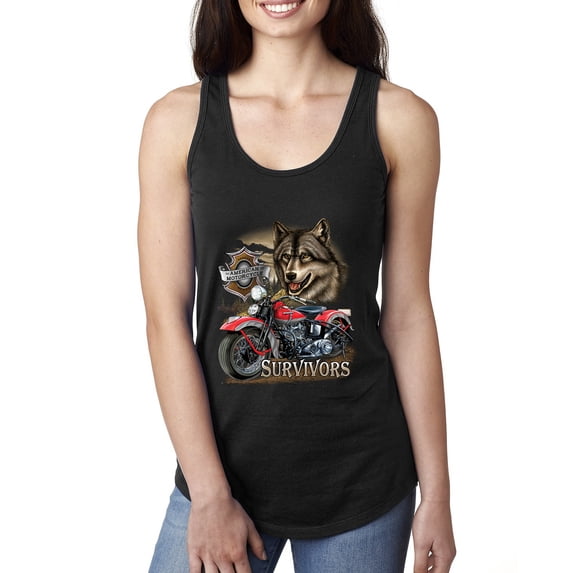 American Motorcycle Wolves Survivors Made in the USA | Womens Fashion Jersey Racerback Tank Top, Black, X-Large