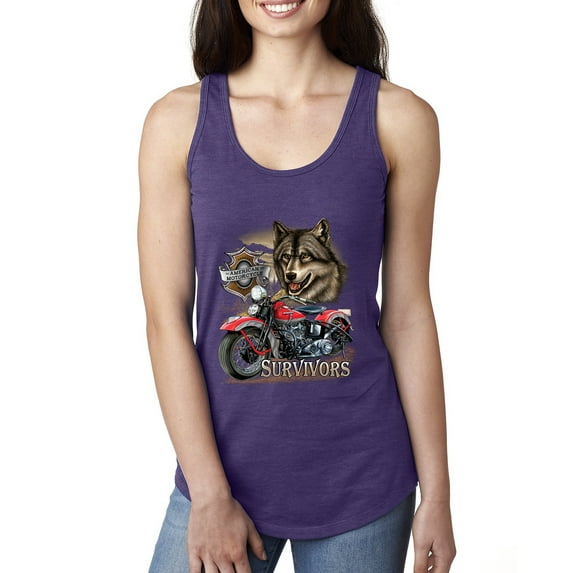 American Motorcycle Wolves Survivors Made in the USA | Womens Fashion Jersey Racerback Tank Top, Purple Rush, Small