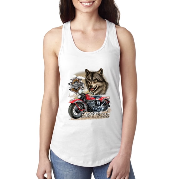 American Motorcycle Wolves Survivors Made in the USA | Womens Fashion Jersey Racerback Tank Top, White, Medium