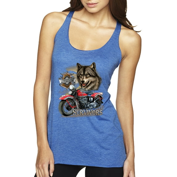 American Motorcycle Wolves Survivors Made in the USA | Womens Fashion Premium Tri-Blend Racerback Tank Top, Vintage Royal, X-Large