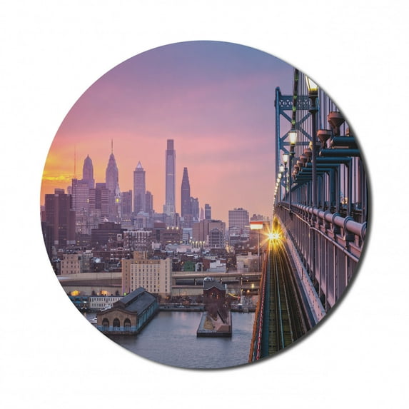 American Mouse Pad for Computers, Philadelphia under a Hazy Sunset Train on Vibrant Bridge Skyscrapers Landscape, Round Non-Slip Thick Rubber Modern Mousepad, 8" Round, Purple Blue, by Ambesonne