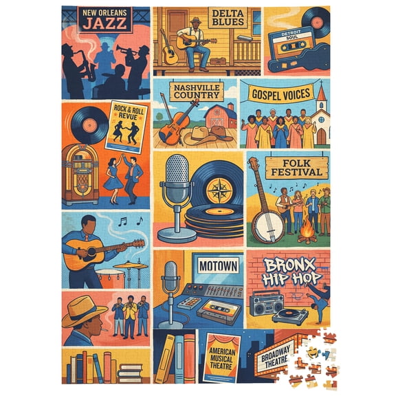 American Music Heritage Jigsaw Puzzle for Adults 1000 Pieces, Vintage Jazz Blues Country Hip Hop Art Collage, Premium Thick Cardboard with Matte Finish, Perfect Gift for Music Lovers and Puzzle Enthu