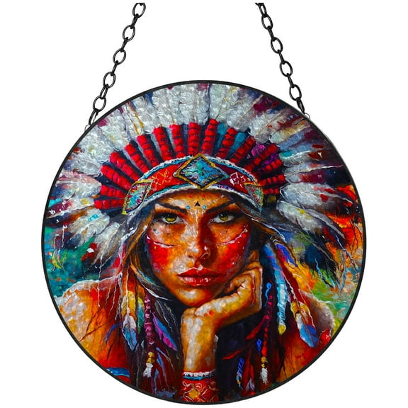 American Native Indian Beauty Portrait Stained Glass Suncatcher Handmade Window Hanging Colored Glass Suncatcher Crafts Kits for Indoor Garden Decor Memorial Gift 16x16cm(2)