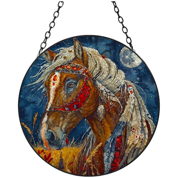 American Native Indian War Horse Stained Glass Suncatcher Handmade Window Hanging Colored Glass Suncatcher Crafts Kits for Indoor Garden Decor Memorial Gift 16x16cm(2)