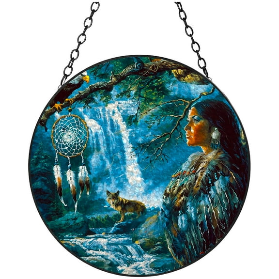 American Native Indian Woman Wolf Eagle Stained Glass Suncatcher Handmade Window Hanging Colored Glass Suncatcher Crafts Kits for Indoor Garden Decor Memorial Gift 16x16cm(3)