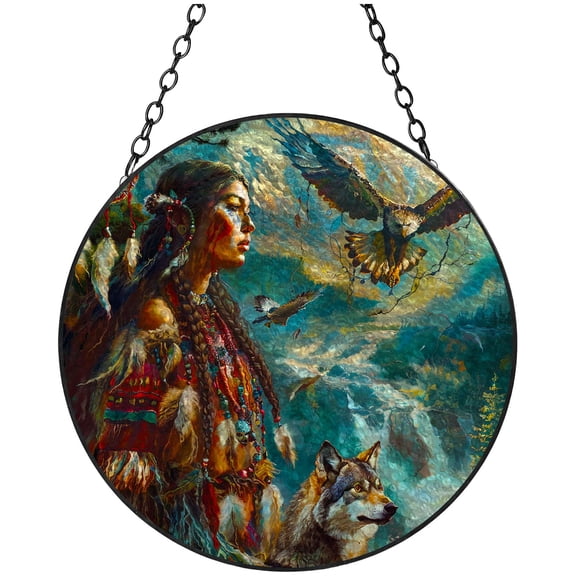 American Native Indian Woman Wolf Eagle Stained Glass Suncatcher Handmade Window Hanging Colored Glass Suncatcher Crafts Kits for Indoor Garden Decor Memorial Gift 16x16cm(1)
